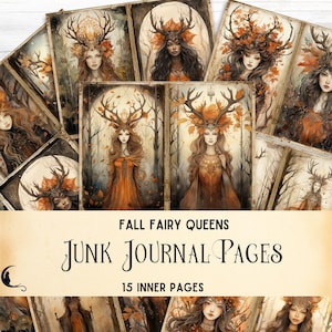 Journal d'ordure de sorcière de la forêt d'automne, pages du grimoire de Samhain, papier de scrapbooking Boho Fairy Queen, livre de sorts païens, éphémères de fées, sorcières de Samhain