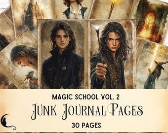 School of Magic Junk Journal Kit, Wizard Digital Paper, Fantasy Scrapbook, Printable Pages,  Wizarding Ephemera, Witches Magical Creatures