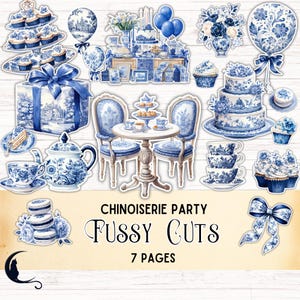 Chinoiserie Birthday Tea Party kieskeurige snitten, digitale download voor ongewenste tijdschriften, afdrukbare bloemen ephemera, blauwe toile-stickers ambachtelijke benodigdheden