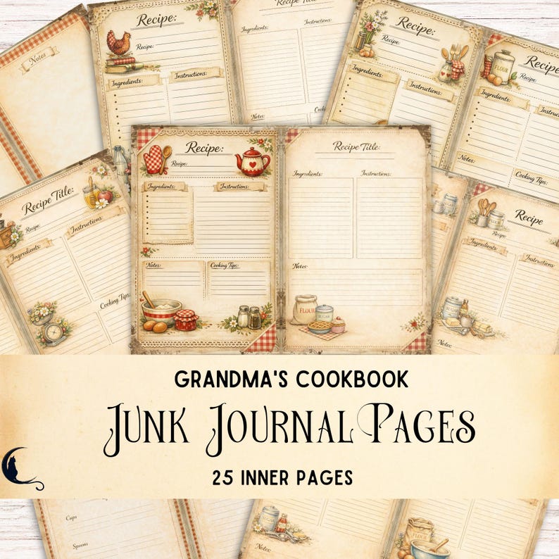 Rustic Note Paper Background Grandma’s Cookbook Junk Journal Pages, Printable Vintage Kitchen ...