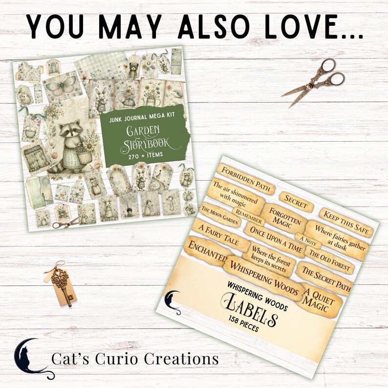 May include: A junk journal mega kit titled Garden Storybook with 270 items featuring a raccoon illustration, and a set of 158 Whispering Woods labels with phrases like Forbidden Path and Once Upon a Time, accompanied by a pair of scissors and a key.