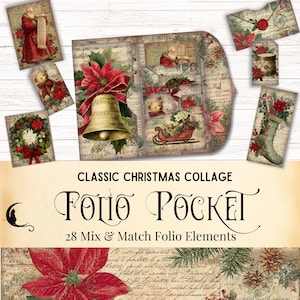 Classic Christmas Junk Journal Folio Kit, Printable Pocket Ephemera, Vintage Victorian Digital Scrapbook, Traditional Holiday Craft Supplies