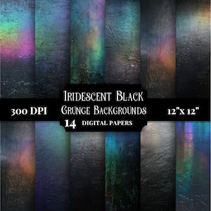 May include: 14 digital papers with iridescent black grunge backgrounds. Each paper is 12 inches by 12 inches and 300 DPI.
