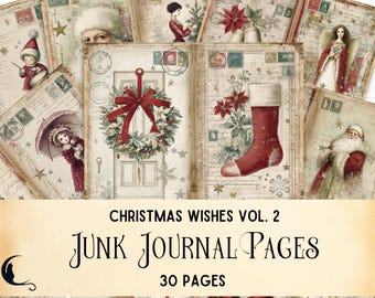 Christmas Wishes Junk Journal Kit, Printable Vintage Ephemera, Traditional Holiday Scrapbooking Pages, Festive Winter DIY Craft Supplies