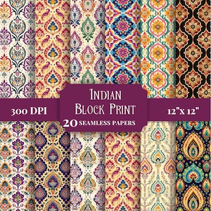 Indian Block Print Digital Paper, Seamless Floral Patterns, Printable Backgrounds for Scrapbooking & Crafts, Vintage Boho Commercial Use JPG