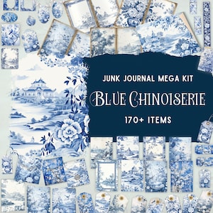 Kit de carnet de notes bleu Chinoiserie | Éphémères vintage | Folio journal indésirable | Fleur Royale | Designs de Delft | Toile | Journal imprimable