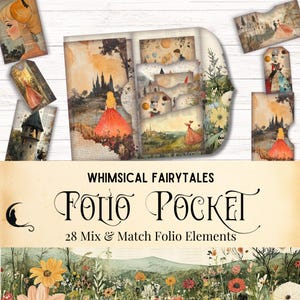 Whimsical Fairytales Folio Kit, verzaubertes Junk Journal, Vintage Ephemera, einzigartige bedruckbare Tasche, Fantasy Scrapbooking Zubehör, Tags Karten