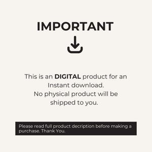Op de afbeelding: Een digitale afbeelding op een lichte achtergrond met het woord IMPORTANT in zwarte hoofdletters boven een downloadpictogram. De tekst luidt: This is an DIGITAL product for an Instant download. No physical product will be shipped to you. Please read full product decription before making a purchase. Thank You.