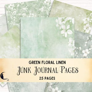 Grün Floral Leinen Junk-Journal Seiten beunruhigt Textur Digitales Papier Pack rustikale Scrapbook Hintergründe druckbare Bastelbedarf Salbei grün