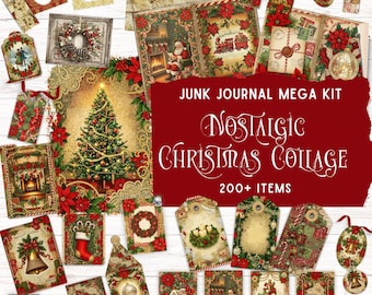May include: A junk journal mega kit featuring over 200 items with a nostalgic Christmas collage theme. The collection includes various paper tags, cards, and decorative elements displaying festive imagery like Christmas trees, Santa Claus, poinsettias, wreaths, and vintage-style envelopes with red and green color palettes.