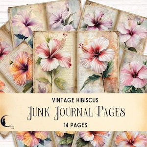 Vintage Hibiscus Flowers Junk Journal Pages Printable Floral Ephemera Digital Scrapbook Papers Tropical Flower Craft Supplies Watercolor Kit
