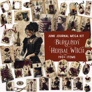 Kit de diário de bruxa de ervas, itens vintage de boticário, bolso de fólio para impressão, álbum de recortes digital de ervas botânicas, papel de bruxa verde