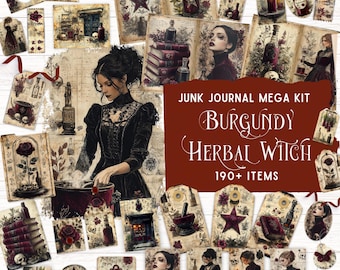 Pode incluir: Um mega kit de junk journal intitulado Burgundy Herbal Witch com mais de 190 itens. A coleção apresenta papéis efêmeros de estilo vintage, incluindo etiquetas, marcadores e cartões decorados com ilustrações de poções, crânios e rosas.