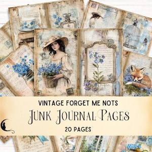 Forget Me Nots Junk Journal Pages Shabby Chic Papier Collage numérique Éphémères vintage Fournitures Scrapbooking Rustique Cottagecore Fleurs Bleues Artisanat