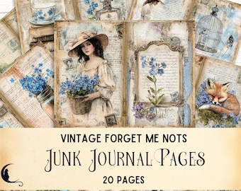 Peut inclure: Un ensemble de 20 pages de junk journal intitulées VINTAGE FORGET ME NOTS. Les pages présentent des illustrations de fleurs bleues, une personne avec un chapeau, une cage à oiseaux, un renard et des écritures manuscrites sur du papier vieilli.