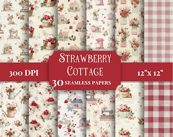 Strawberry Cottage Digital Paper Pack, Seamless Patterns for Scrapbooking, DIY Craft Supplies, Rustic Cottagecore Gingham Backgrounds