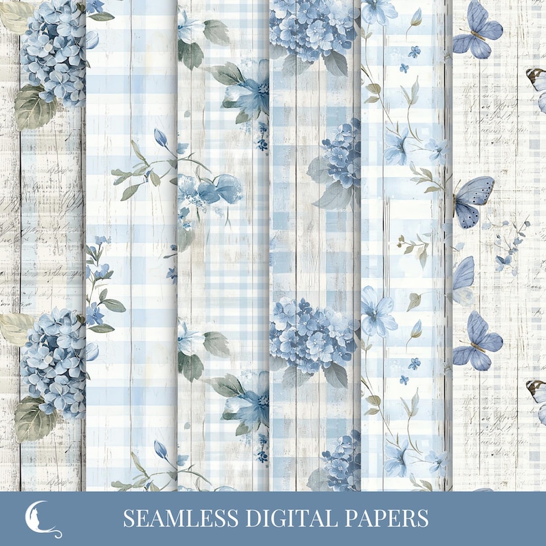 Seamless Rustic Blue Floral Pattern Gingham Wood Vintage Digital Paper ...