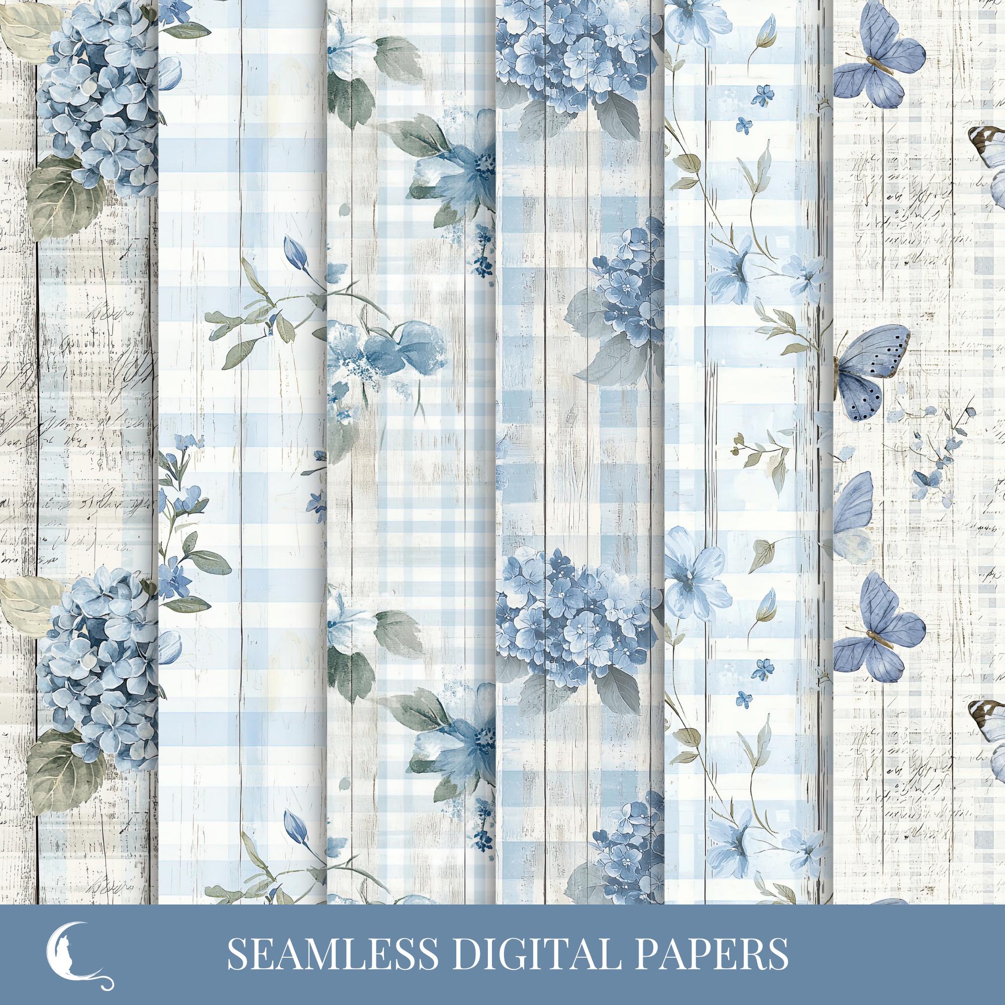 Seamless Rustic Blue Floral Pattern Gingham Wood Vintage Digital Paper ...