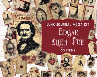 May include: A digital collage kit with 165 items featuring illustrations of Edgar Allan Poe, ravens, hearts, and other gothic imagery. The kit is titled "Junk Journal Mega Kit Edgar Allen Poe".