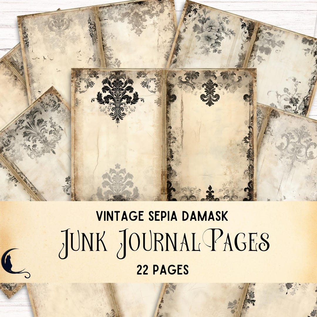 Vintage Sepia Damask Junk Journal, Printable Ephemera, Shabby Chic ...