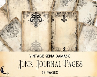 Vintage Sepia Damask Junk Journal, Printable Ephemera, Shabby Chic Digital Paper, Victorian Scrapbook, Distressed Texture, Victorian Borders