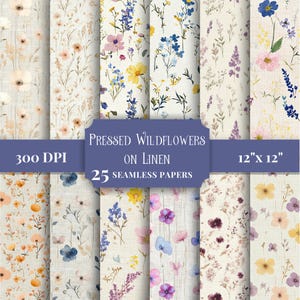 Geperste bloemen naadloze patronen, bloemen wilde bloemen digitaal papier, linnenstructuren afdrukbare achtergrond, scrapbooking, knutselbenodigdheden JPG