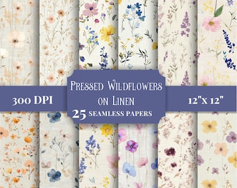 Wzory bezszwowe suszonych kwiatów, cyfrowy papier z motywem dzikich kwiatów, tło z teksturą lnu do druku, scrapbooking, materiały do rękodzieła w formacie JPG