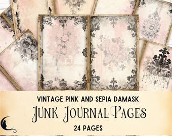 Vintage Pink and Sepia Damask Junk Journal, Printable Ephemera, Shabby Chic Digital Paper, Victorian Scrapbook
