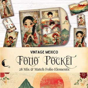 kit vintage de folio de journal indésirable du Mexique, éphémères colorés du patrimoine mexicain, pochette folio pliante imprimable, artisanat d'art folklorique mexicain fantaisiste