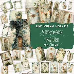 Puede incluir: Un kit de junk journal con más de 200 artículos de papel con temas de naturaleza y cuentos. La colección incluye etiquetas, tarjetas y hojas decoradas con ilustraciones de hadas, animales del bosque, mariposas, libélulas y árboles.