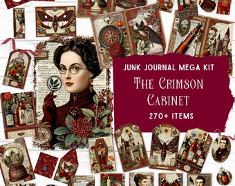 The Crimson Cabochon Junk Journal Kit, Printable Folio Pocket, Gothic Ephemera, Dark Academia Scrapbook,