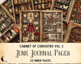 May include: A set of 25 printable junk journal pages featuring vintage illustrations of dolls, masks, and insects. The pages are designed to be used in a junk journal or other paper crafts. The title of the set is "Cabinet of Curiosities Vol. 2 Junk Journal Pages".