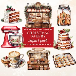 Imágenes prediseñadas de panadería navideña retro, uso comercial, imágenes prediseñadas de repostería retro dibujadas a mano, imágenes prediseñadas de cocina, imágenes prediseñadas de acuarela, panadería festiva PNG