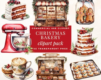 Retro Christmas Bakery Clipart, Commercial Use, Retro Handdrawn Baking Clipart, Kitchen Clipart, Watercolor Clipart, Festive Bakery PNG