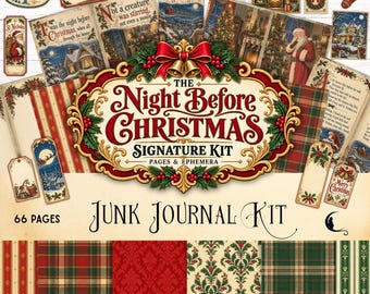 May include: A junk journal kit titled The Night Before Christmas Signature Kit featuring 66 pages of ephemera, including festive illustrations of Santa, winter scenes, holiday text, and various red, green, and cream patterned papers.