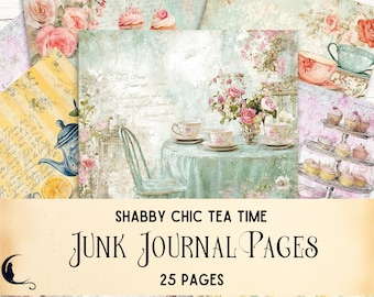 Puede incluir: Una colección de 25 páginas digitales para junk journal titulada Shabby Chic Tea Time. Las páginas presentan diseños de inspiración vintage con motivos florales, tazas de té, teteras, cupcakes, escritura a mano y tonos pastel suaves.