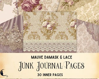 Antique Damask & Lace Digital Paper, Vintage Mauve Junk Journal Ephemera, Printable Scrapbook Backgrounds, Romantic Victorian Filler Pages