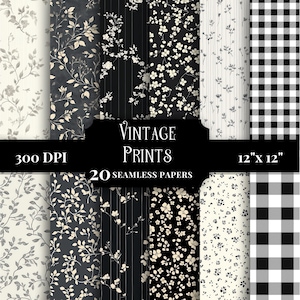 Può includere: Una collezione di 20 carte digitali senza cuciture con stampe vintage in nero, bianco e crema. I motivi includono tralci floreali, piccoli fiori, sottili strisce verticali e un motivo a scacchi. Testo: Vintage Prints, 300 DPI, 12" x 12".