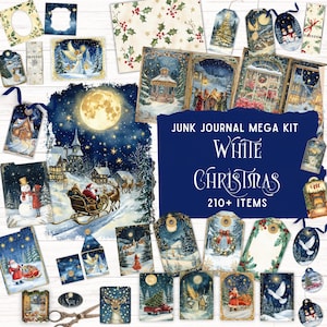Vit julskräpjournal, utskrivbar vinterficka, vintage-högtidsephemera, klassisk festlig digital scrapbook, gör-det-själv-papperspyssel