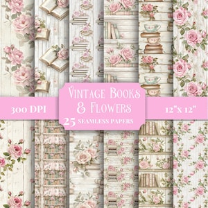 Carta digitale per biblioteca senza soluzione di continuità, libri vintage e fiori, modelli di artigianato stampabili, sfondi floreali in legno shabby chic di alta qualità unici