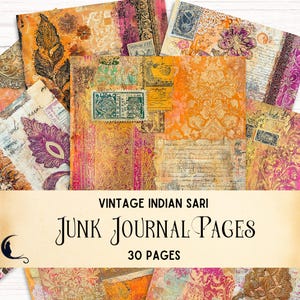 Vintage Indiase sari-kladjes collage ongewenste dagboekpagina's antiek plakboek, unieke afdrukbare ephemera India kleurenpatronen oranje magenta kant
