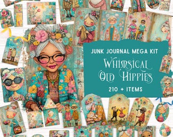 Whimsical Old Hippies Junk Journal Kit, Printable Folio Kit, Cute Cartoon Old Lady Ephemera, Colorful Digital Paper, Retro Grandma Scrapbook