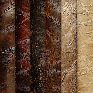 May include: A collection of six vertical panels showcasing various textures and colors of leather. The panels range from dark brown to tan, with visible grain and distressed effects. The leather appears aged and worn, with subtle variations in tone and texture.
