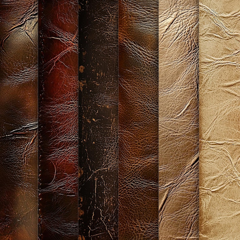 May include: A collection of six vertical panels showcasing various textures and colors of leather. The panels range from dark brown to tan, with visible grain and distressed effects. The leather appears aged and worn, with subtle variations in tone and texture.