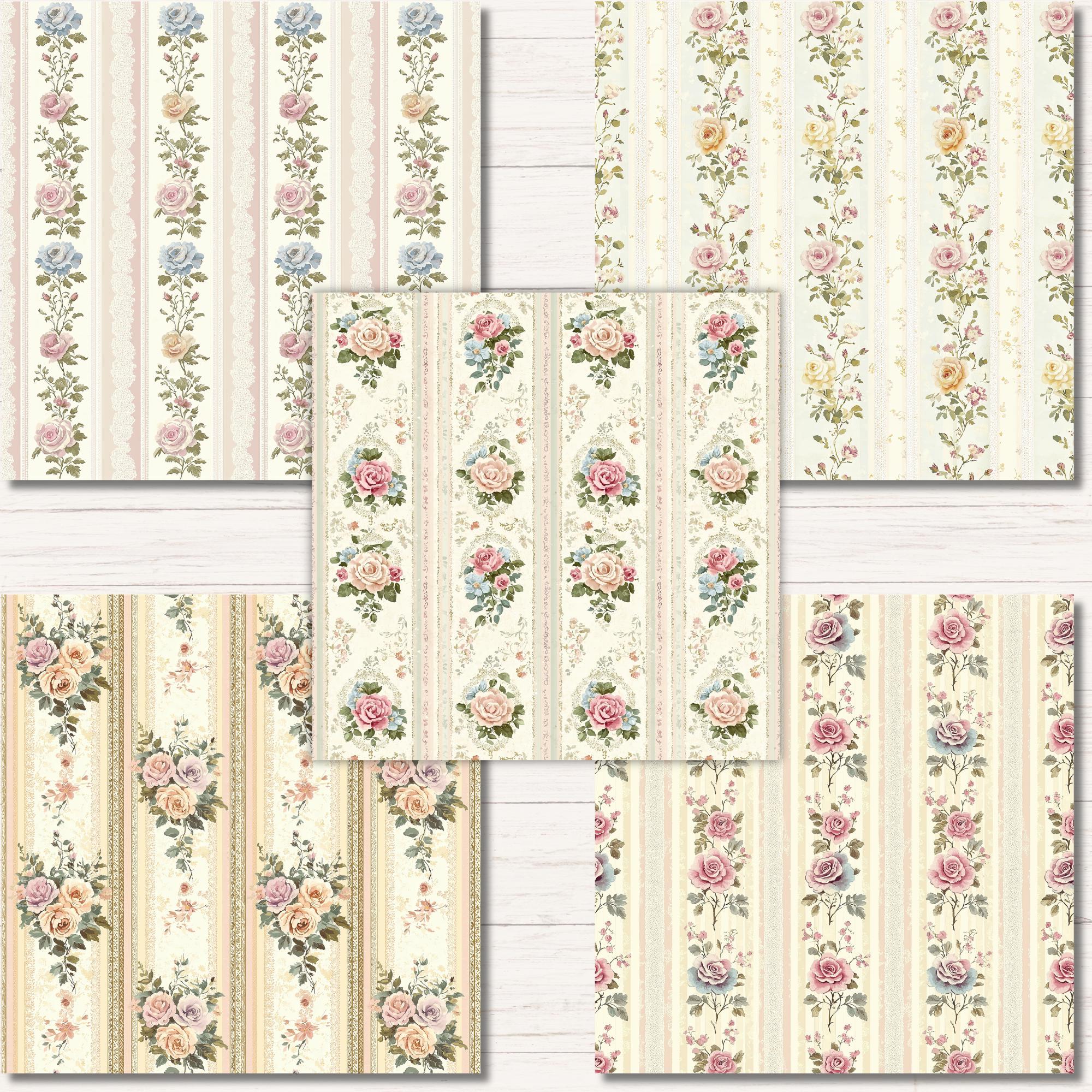 Shabby Chic Floral Stripes Digital Paper Pack, Seamless Patterns for ...