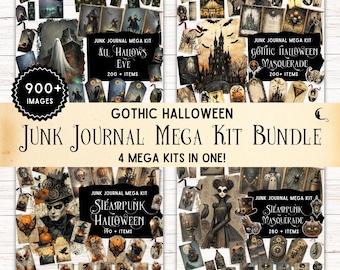 May include: A Gothic Halloween junk journal mega kit bundle featuring 900+ images across four distinct sets: All Hallows Eve, Gothic Halloween Masquerade, Steampunk Halloween, and Steampunk Masquerade, including various tags, cards, and illustrations.