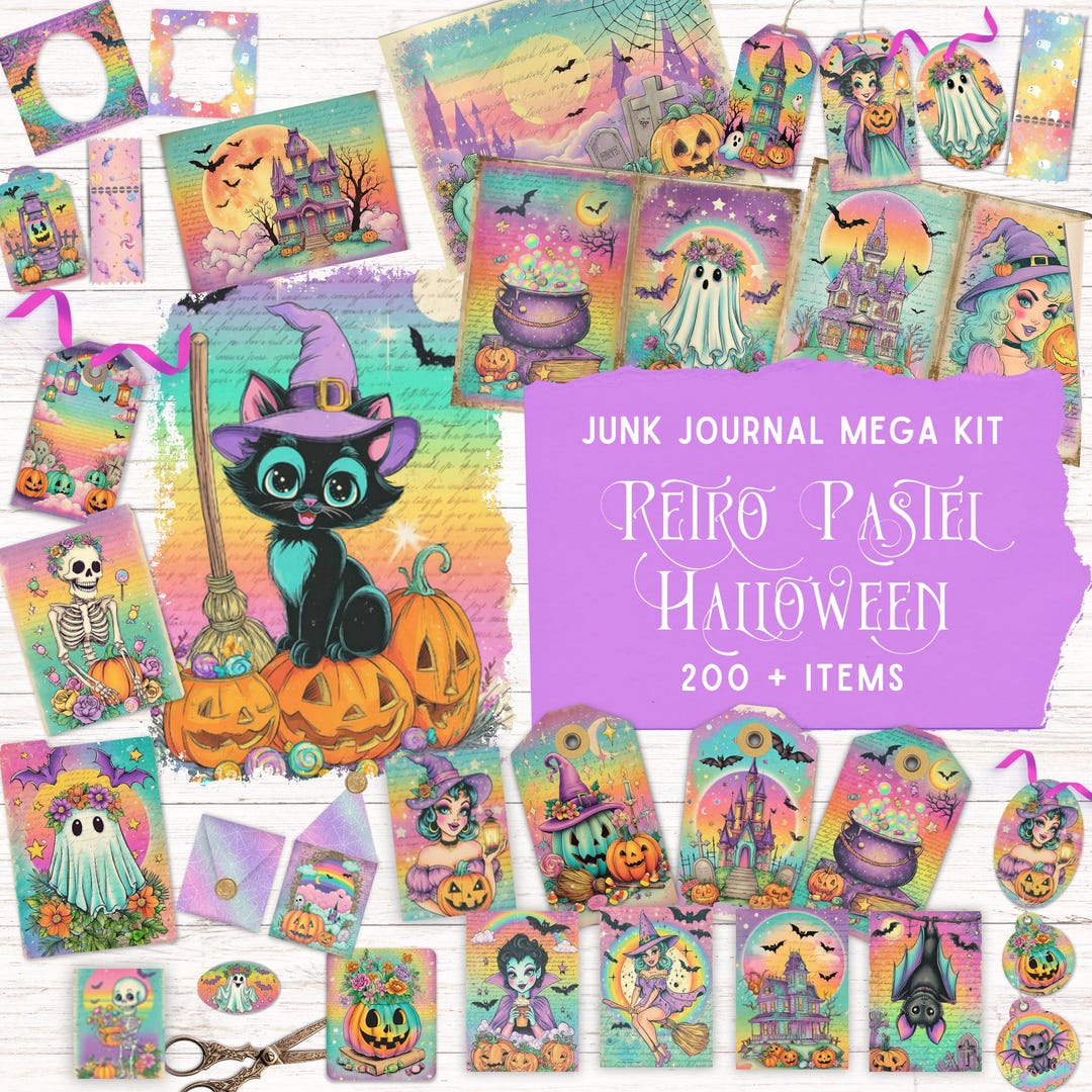 Retro Pastel Halloween Junk Journal Kit, Printable Folio Pocket, Cute ...