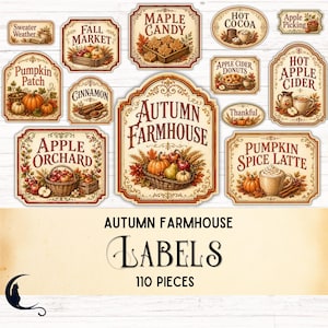 May include: A collection of 110 decorative labels featuring autumn-themed illustrations and text including Autumn Farmhouse, Pumpkin Patch, Apple Orchard, Maple Candy, Hot Cocoa, Apple Cider, Cinnamon, Sweater Weather, and Pumpkin Spice Latte.