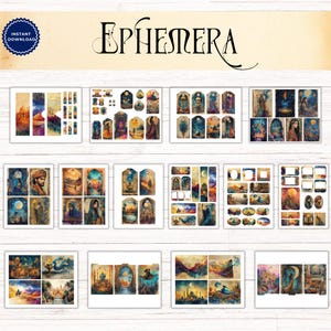 May include: A digital collection of printable ephemera featuring various artistic illustrations with desert, celestial, and architectural themes in warm and cool tones. The set includes tags, bookmarks, and rectangular cards with the text EPHEMERA.