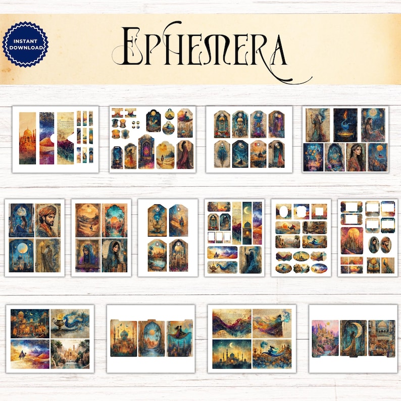 May include: A digital collection of printable ephemera featuring various artistic illustrations with desert, celestial, and architectural themes in warm and cool tones. The set includes tags, bookmarks, and rectangular cards with the text EPHEMERA.